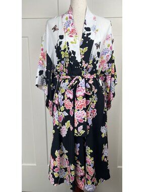 Natori Floral Kimono Robe M Belted Pockets 3/4 Sleeve Lounge Black Pink